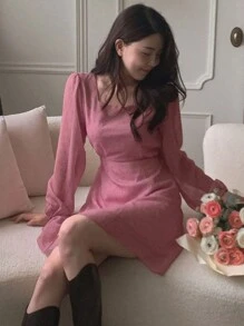 DAZY 女士时尚花卉印花腰带方领连衣裙、休闲女装、秋季连衣裙长袖连衣裙 - 玫紅色 - 查看 7