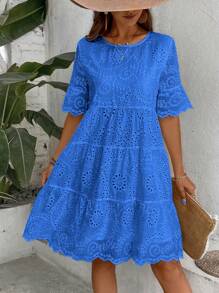 EMERY ROSE Vestido de vacaciones de ocio para mujeres de unicolor con bordado de calado