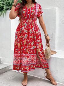 SHEIN Holidaya 大碼女裝花卉印花短袖度假連衣裙 - 彩色 - 查看 1