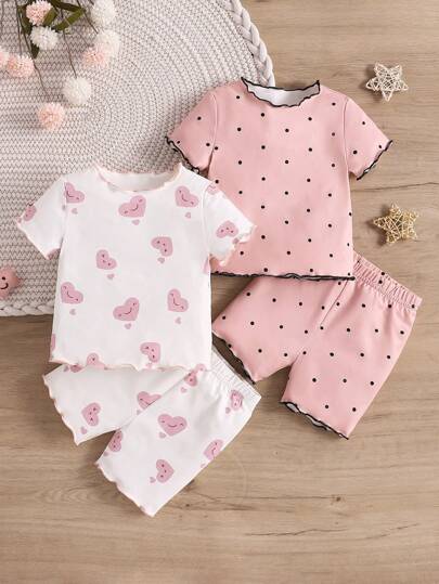 女婴夏季休闲舒适荷叶边圆领短袖短裤卡通图案阻燃家居睡衣套装（4件套）