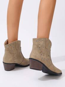 女式卡其色穿孔铆钉一脚蹬粗跟方头切尔西踝靴，百搭新款骑士靴和短靴 - 卡其色 - 查看 5
