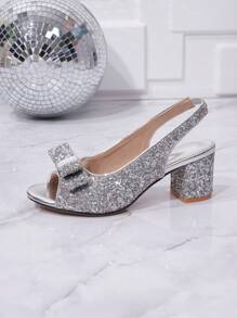 Women Peep Toe Bowknot Ankle Strap Chunky Heeled Sandals, Fashionable Party Silver Glitter High Heels