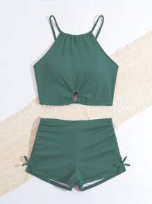 Conjunto de bikini para adolescente con correa de espagueti de unicolor con decoración lateral de lazo y conjunto de bikini