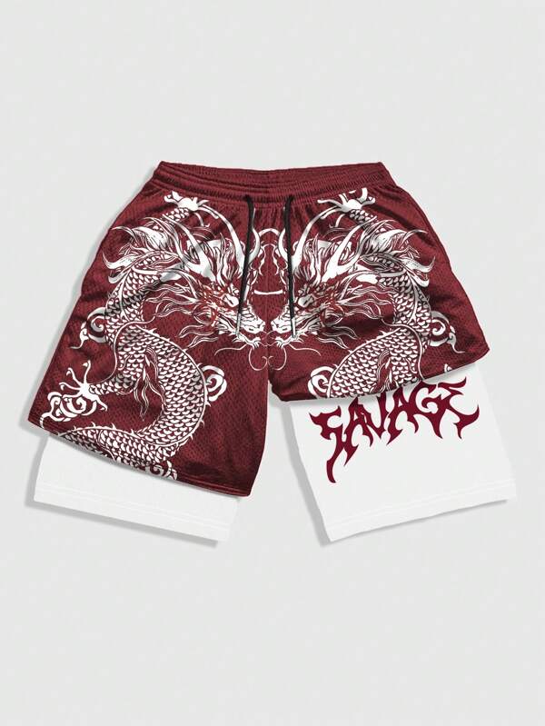 ROMWE MEN Street Life Pantaloni scurți de baschet din plasă sport imprimați cu model gotic pentru bărbați, cu design simulat 2 în 1, potriviti pentru purtarea zilnică primăvara și vara, școală