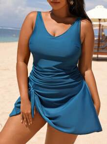 Swim Lushoire Plus Size Beach Vacation Solid Color Ruched Strapless One-Piece Swimsuit,Summer Beach - Teal Blue - View 3