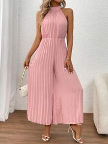 SHEIN Clasi Women Summer Casual Solid Color Pleated V-Neck Wide Leg Jumpsuit
