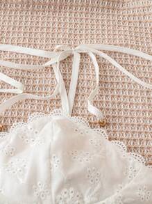 Soleia 女士度假海滩休闲夏季复活节毕业返校派对午餐可爱休闲夏季花园下午茶甜美可爱撞色蕾丝吊带背心纹理刺绣弹力细肩带抹胸白色上衣 - 白色 - 查看 5