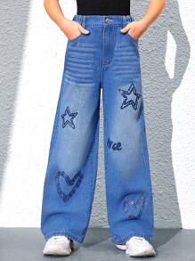 Jeans de moda retro con estrellas y corazones impresos dulces y geniales para niñas preadolescentes, anchos y casuales para todos los estilos. - Azul lavado medio - Ver 1