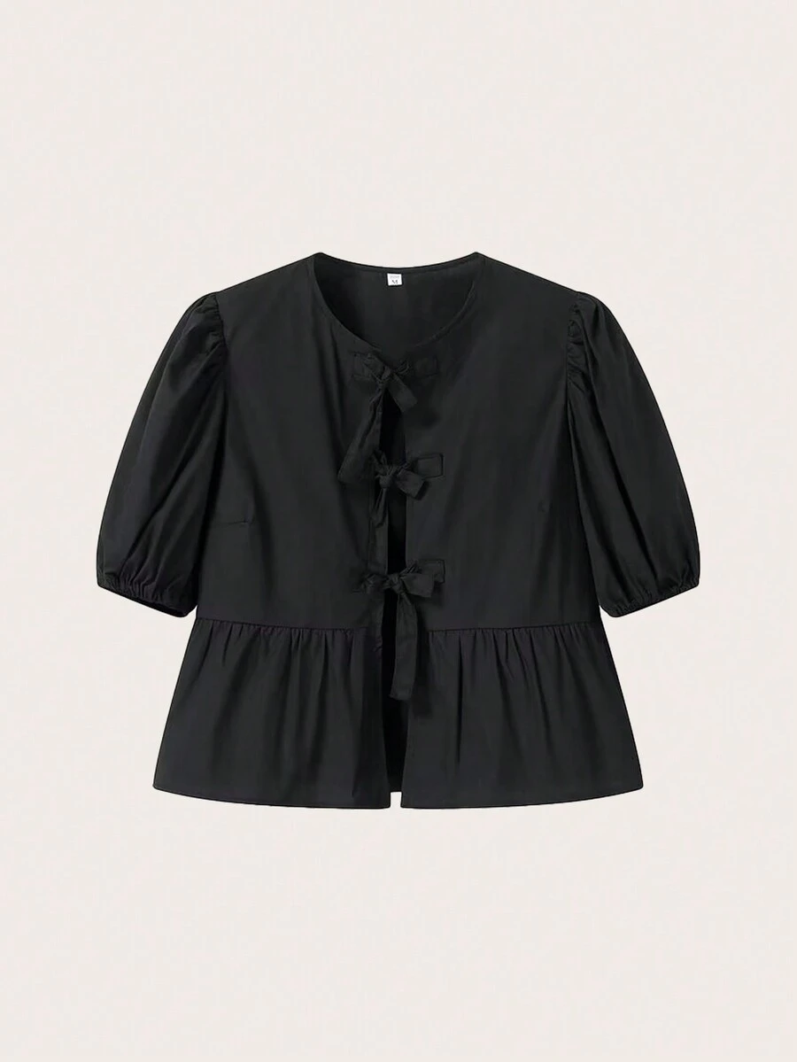 Lässiges Schwarzes Hemd Mit Puffärmeln Und Fliege Für Frühling/sommer