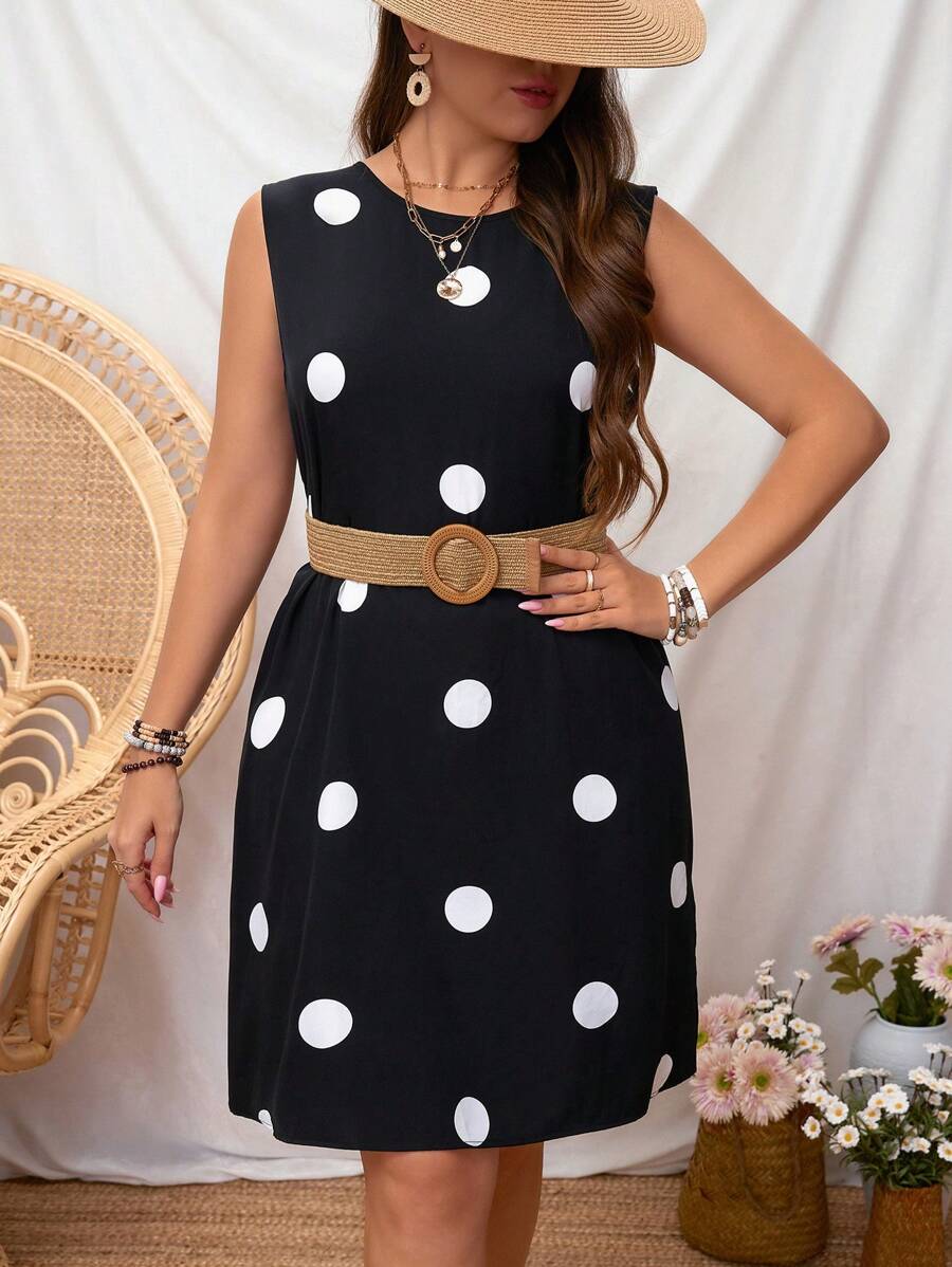 SHEIN LUNE 大码女式波尔卡圆点印花无袖连衣裙，夏季