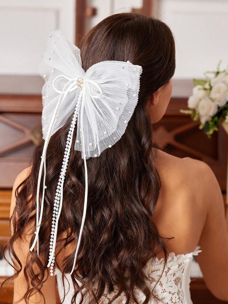 1pc Women's Elegant & Luxury Pearl/Mother Of Pearl, Lace, White Dragonfly Bow Faux Pearl Hair Clip, Suitable For Wedding, Honeymoon, And Party Claw Clips Hair Slide Hair Barrettes
