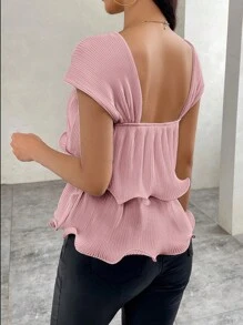 SHEIN Privé 女性浪漫百褶荷葉邊上衣，適用於日常和度假 - 藕粉色 - 查看 2
