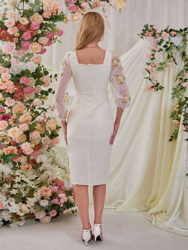 Women Elegant Floral Embroidery Mesh Splice Spring/Summer Dress
