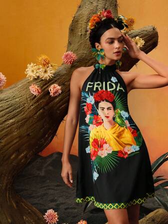 Frida Kahlo X SHEIN Damen Blumen-Druckkleid mit Trägerkragen, Sommerkleider für den Urlaub