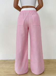SHEIN EZwear 女性休閑彩色條紋寬腿褲，帶彈性腰帶 - 粉色 - 查看 2