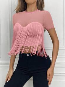 SHEIN Privé Áo thun tay ngắn lưới phối tua rua trang trí cổ tròn màu trơn cho nữ - Hồng - Xem 2