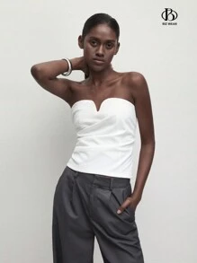 BizChic Blusa elegante de señora para el otoño, top bustier ajustado y fruncido de color blanco sólido