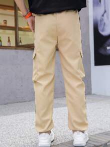 少年時尚多用口袋設計運動與休閒長褲 - 卡其色 - 查看 2