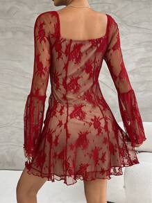 Rafferiza Sexy Lace Diamond-Embellished Stand Collar A-Line Dress With Bell Sleeves, Spring/Summer For New Year Holiday Party Clothes Fall Cloth For Women