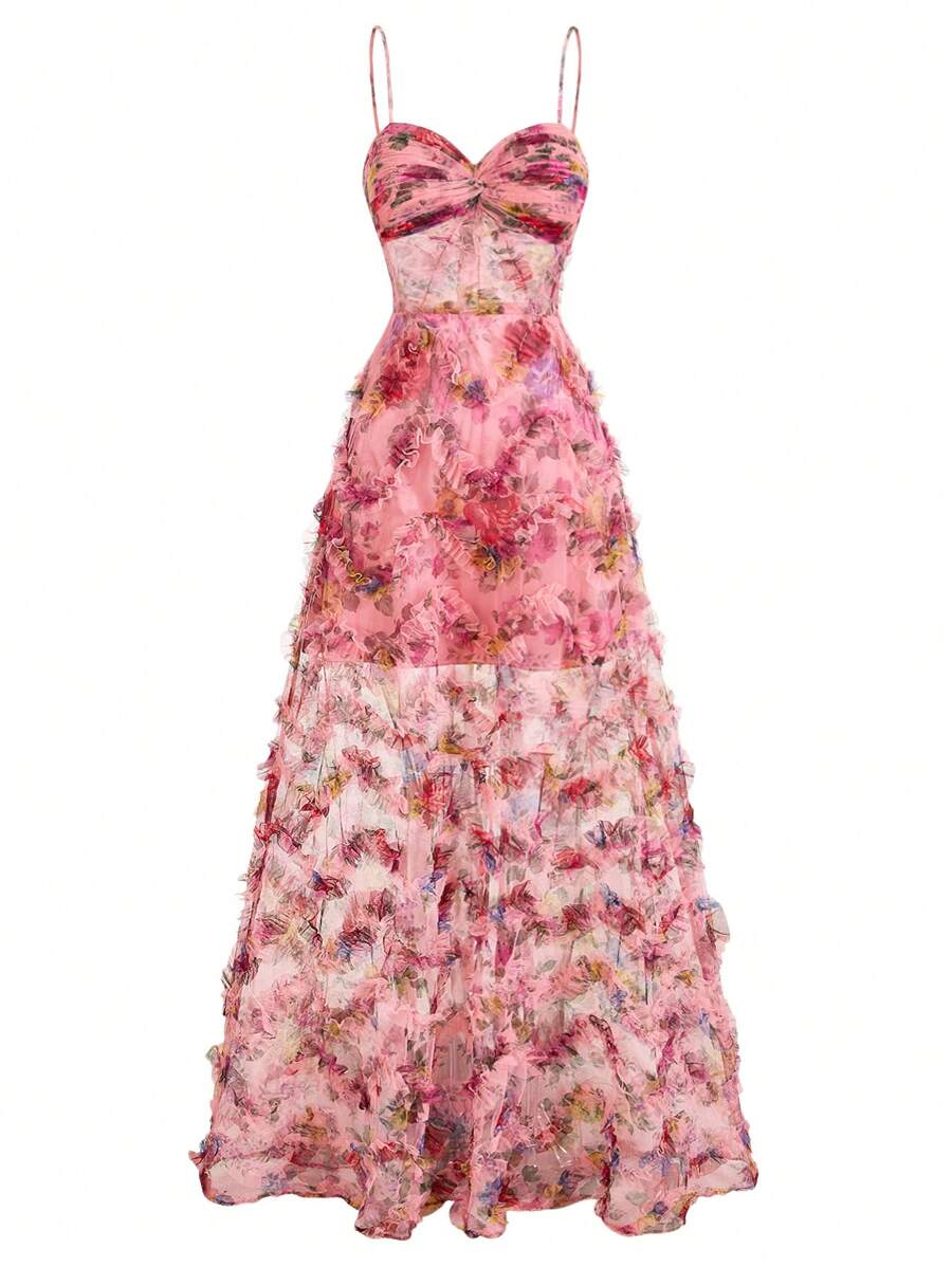 SHEIN Belle Elegant Spaghetti Strap Sweetheart Neckline 3D Floral Printed See-Through A-Line Women Evening Dress (Heavy Duty) - Multicolor - View 1