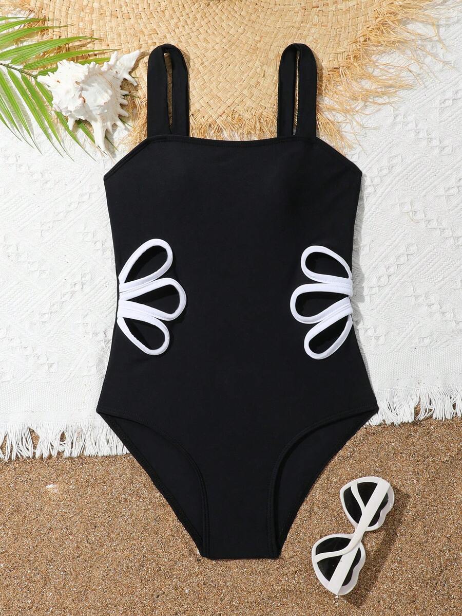Tween Girl Colorblock Hollow Out Áo tắm một mảnh cho kỳ nghỉ ở bãi biển - màu đen - Xem 1