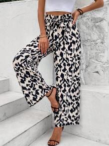 SHEIN Frenchy Women Belted Printed Loose Vacation Style Wide Leg Leopard   Pants Winter Casual - Multicolor - View 6