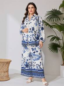 Mulvari 大尺碼女士復古風格印花長袖上衣與褲子套裝