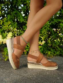 Women Rope Platform & Thick-Soled Sandals, Women Closed Toe Elastic Band Pumps With Brown Suede Upper - Brown - View 6