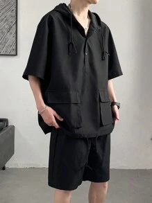 Manfinity Hypemode 男款鬆身休閒實色束腰連帽工作襯衫和短褲，適用於春夏季節 - 黑色 - 查看 4