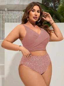 Swim Lushoire Conjunto de talla grande para mujer con top de tirantes cruzados de unicolor y Bottom de bikini estampado de lunares con pliegues para las vacaciones en la playa de verano - Rosa vieja - Ver 3