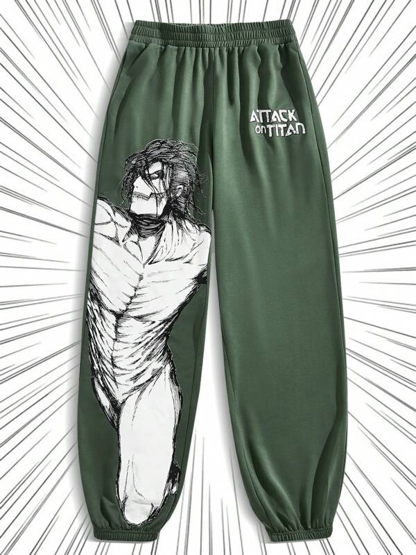 Attack on Titan | SHEIN Pantalones de chándal casuales para hombres con cintura elástica y estampado de personajes y letras de dibujos animados, estilo de primavera y otoño