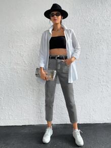 EURMUSE Paperbag Waist Mom Fit Jeans - Grey - View 5