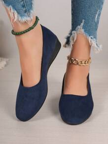 Women Vintage Blue Suede Wedge Heels, Solid Color Low Vamp Flat Shoes, Versatile - Navy Blue - View 2