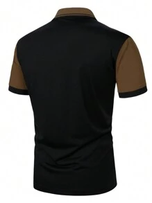 Manfinity Homme 男士夏季短袖休閒撞色polo衫，騎士字母印花 - 黑色 - 查看 4