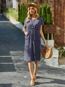 EMERY ROSE Women's Striped Drawstring Waist Slant Pocket Casual Dress For Summer - Navy Blue - View 5