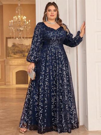 Plus Size Ditsy Floral Lantern Sleeve Long Formal Evening Dress Elegant Long Sleeve Prom Wedding Guest Gown, For Graduation, Dinner Party Dress