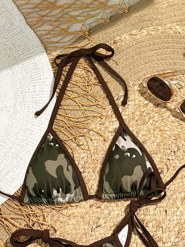 Swim Vcay Women Camouflage Print Halter Neck Tie Swimwear Top, Summer Beach