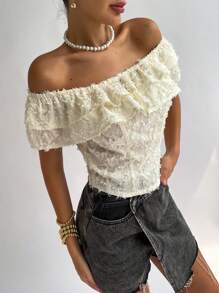 Firerie Blusa elegante para mujer con tela texturizada, hombros descubiertos y detalles de volantes de varias capas - Albaricoque - Ver 4