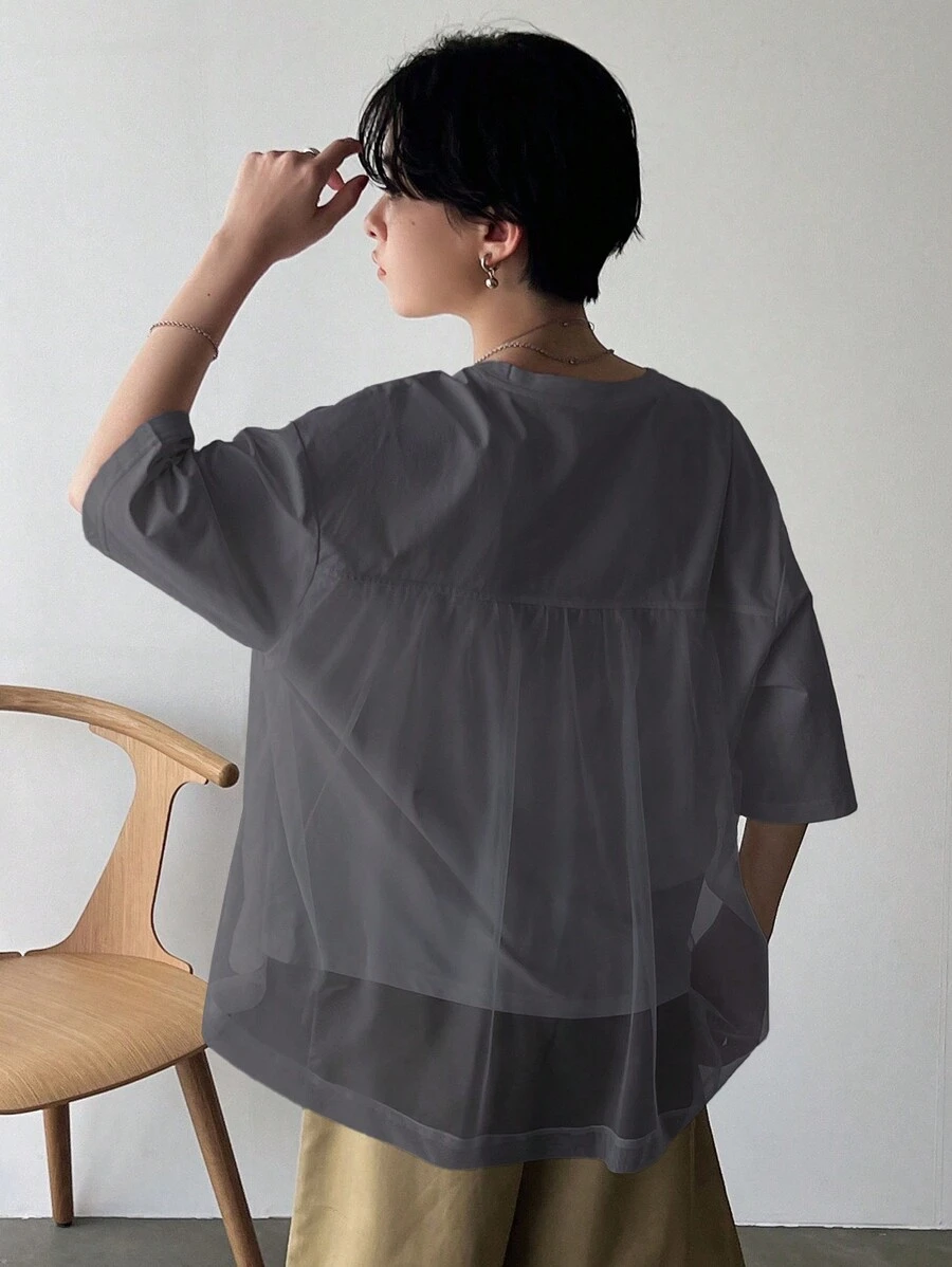 FRIFUL Women Summer Solid Color Round Neck Batwing Sleeve Splice Mesh T-Shirt