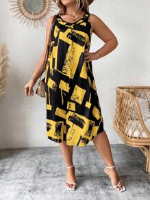 EMERY ROSE 时尚大码女式拼色印花无袖连衣裙，适合夏季 - 黃色 - 查看 3