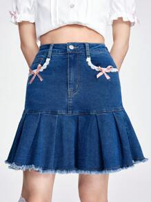 ROMWE Kawaii Women's Cute Bowknot Accent Denim Mini Skirt - Blue - View 3