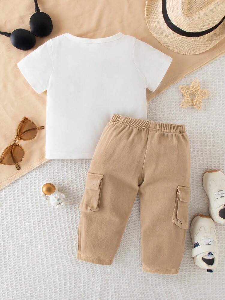 Baby Boys Letter Print Round Neck Short Sleeve Top And Solid Color Casual Outdoor Sports Cargo Pants Set, Summer