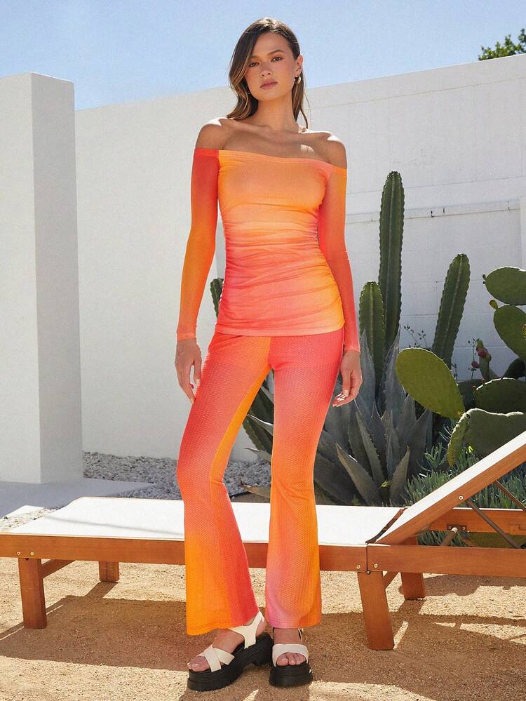 Women Gradient Mesh Pleated Slim Fit Off Shoulder Top For Vacation