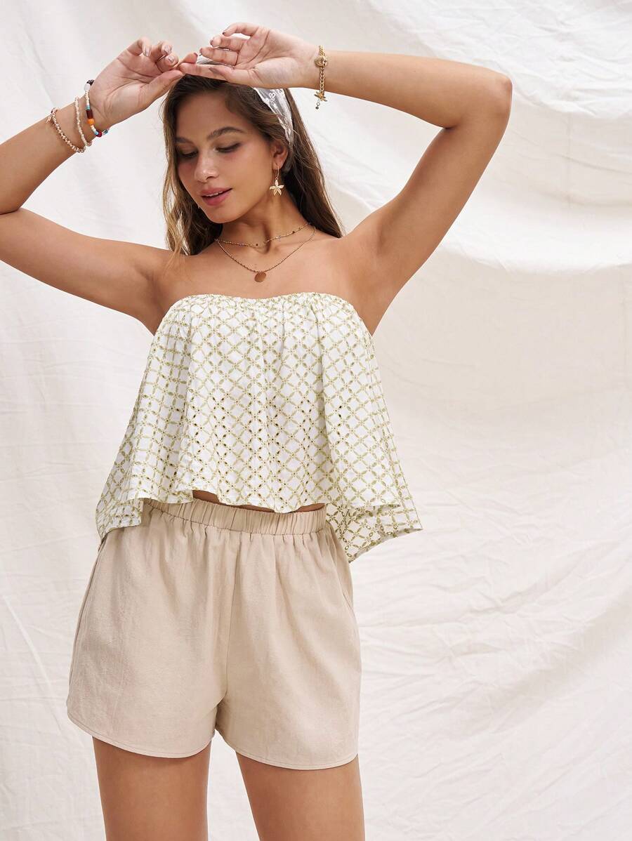 Soleia WYWH Vacation Women Casual Strapless Embroidered Open Back Top - Green - View 1