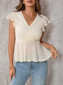 SHEIN Clasi Women Summer Overlapping V-Neck Butterfly Sleeve Ruffle Hem T-Shirt - Apricot - View 6