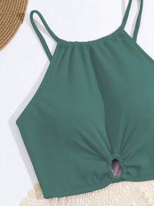 Conjunto de bikini para adolescente con correa de espagueti de unicolor con decoración lateral de lazo y conjunto de bikini