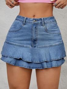 SHEIN ICON Women Two-Layer Ruffle Hem Denim Skirt With Pockets - Light Wash - View 4