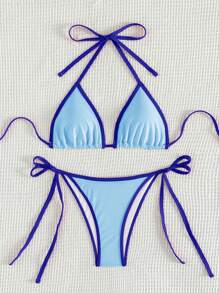 SHEIN Swim Damen Farbblock Halter Binden Sexy Bikini Set für Urlaub Sommer