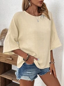 SHEIN LUNE 女性時尚顯瘦寬鬆實色縐縮襯衫