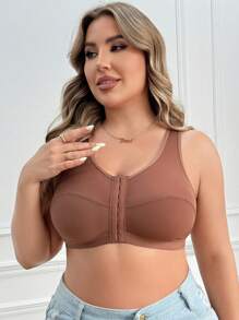 Plus Size Women Front Closure Wireless Bra, Single Pack Lingerie - Mocha Brown - View 4